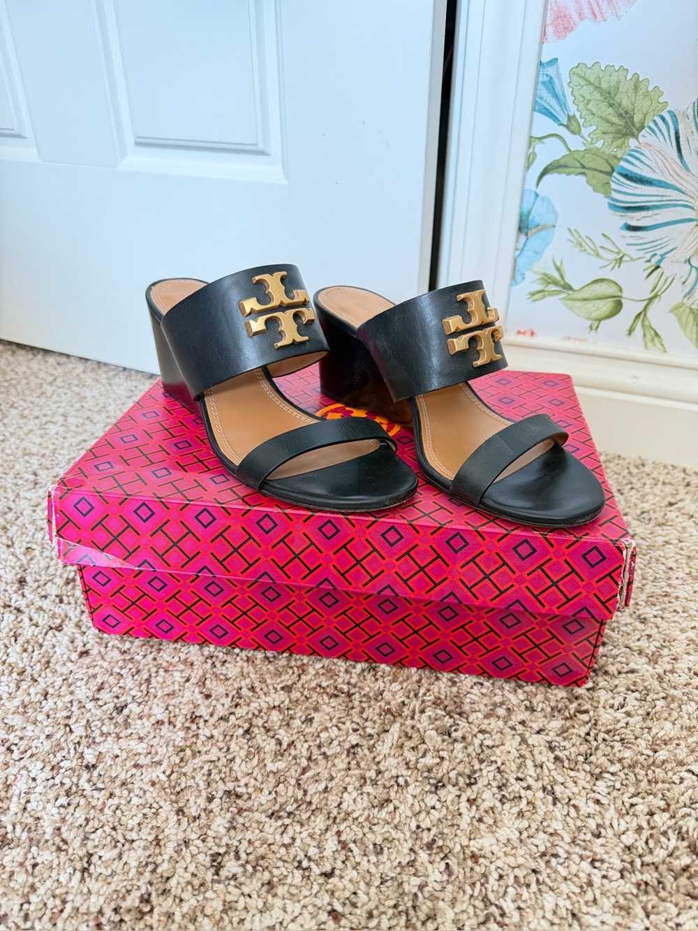 Tory Burch Everly Black Leather Gold-Logo Sandal Wedge